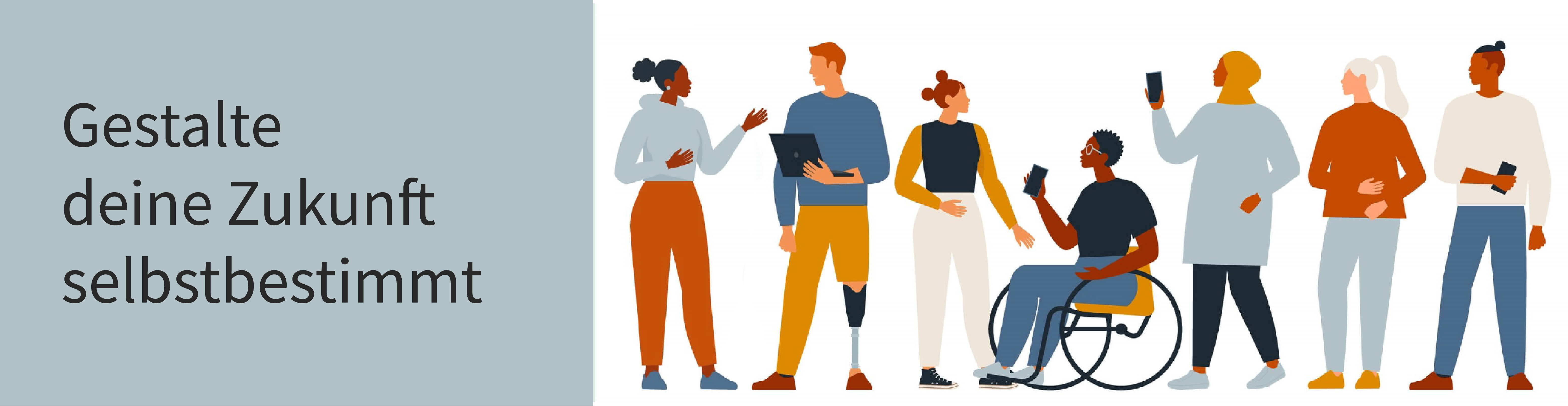 Drei Portraitfotos von Personen im Arbeitskontext. Eine Köchin, ein Buchhändler und eine Büro-Mitarbeiterin. Daneben der Text: Finde Jobs nach deinen Bedürfnissen.