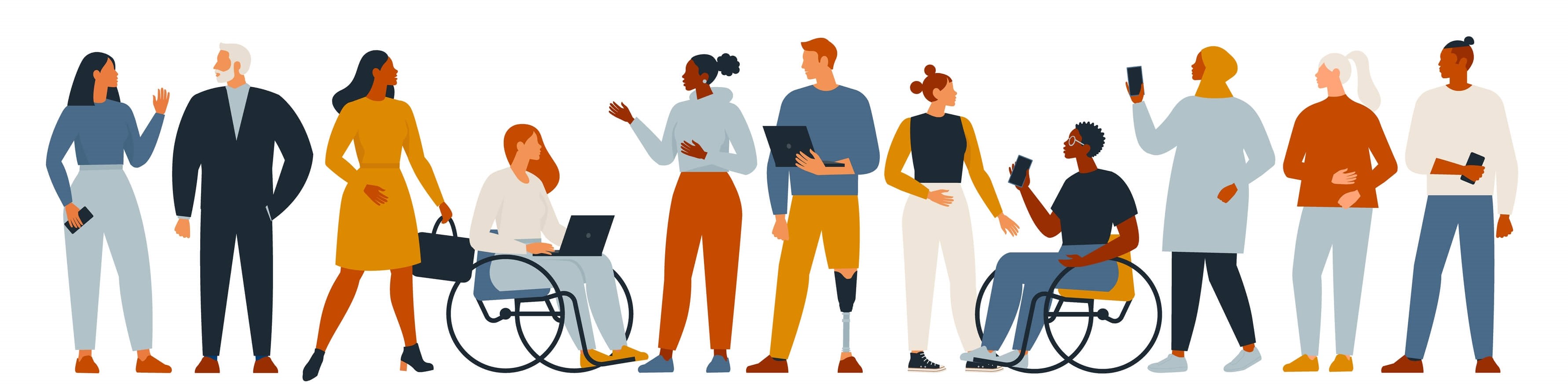 Eine Illustration von 11 Personen, die miteinander kommunizieren. Zwei Personen nutzen einen Rollstuhl. Eine Person nutzt eine Beinprothese. Eine Person gebärdet.